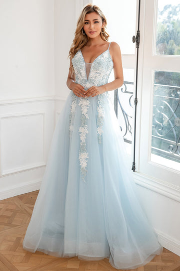 lyseblå appliques tulle ball kjole
